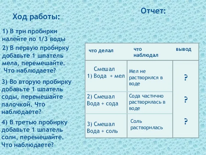 Ход работы: 1) В три пробирки налейте по 1/3 воды