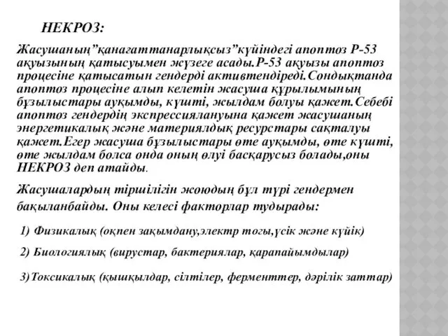 Жасушаның”қанағаттанарлықсыз”күйіндегі апоптоз Р-53 ақуызының қатысуымен жүзеге асады.Р-53 ақуызы апоптоз процесіне қатысатын гендерді активтендіреді.Сондықтанда