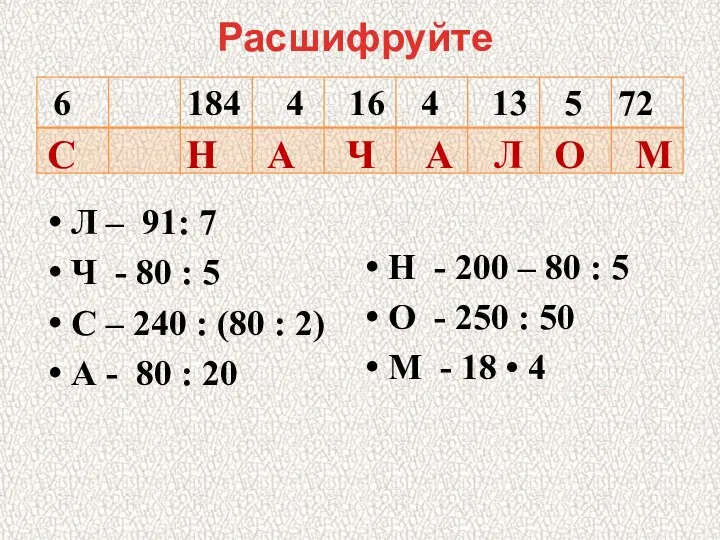 Расшифруйте Л – 91: 7 Ч - 80 : 5