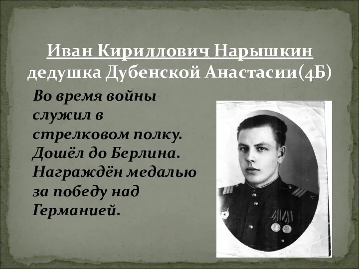 Иван Кириллович Нарышкин дедушка Дубенской Анастасии(4Б) Во время войны служил в стрелковом полку.