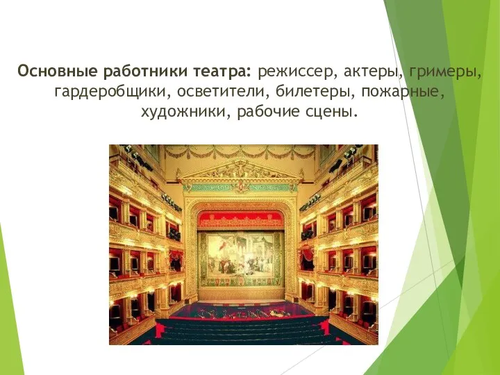 Основные работники театра: режиссер, актеры, гримеры, гардеробщики, осветители, билетеры, пожарные, художники, рабочие сцены.