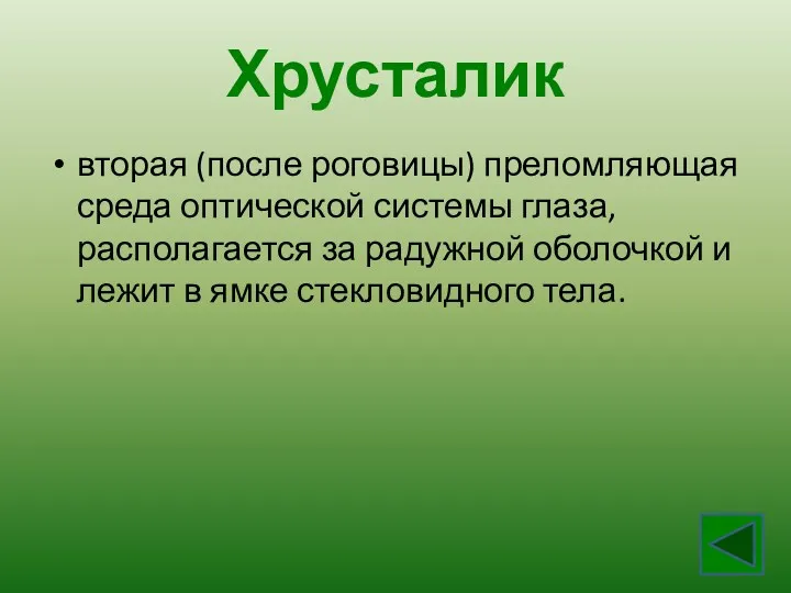 Хрусталик вторая (после роговицы) преломляющая среда оптической системы глаза, располагается