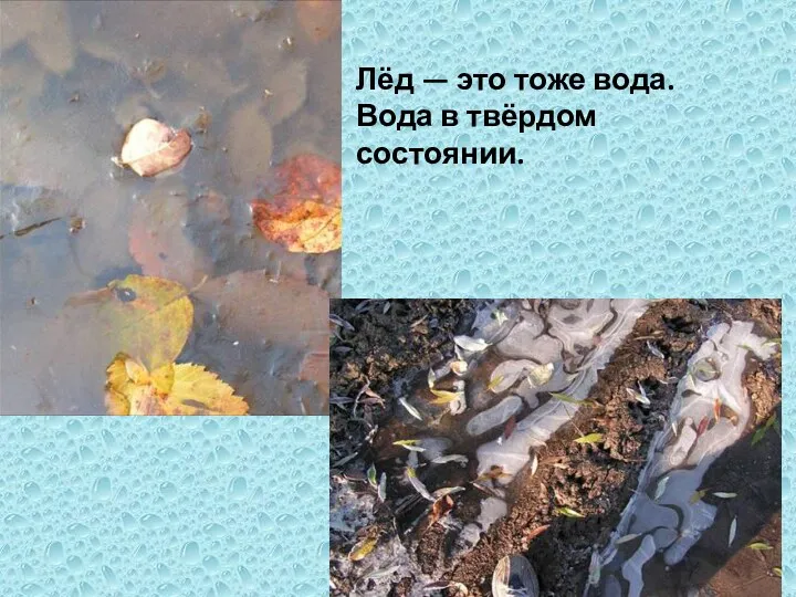 Лёд — это тоже вода. Вода в твёрдом состоянии.