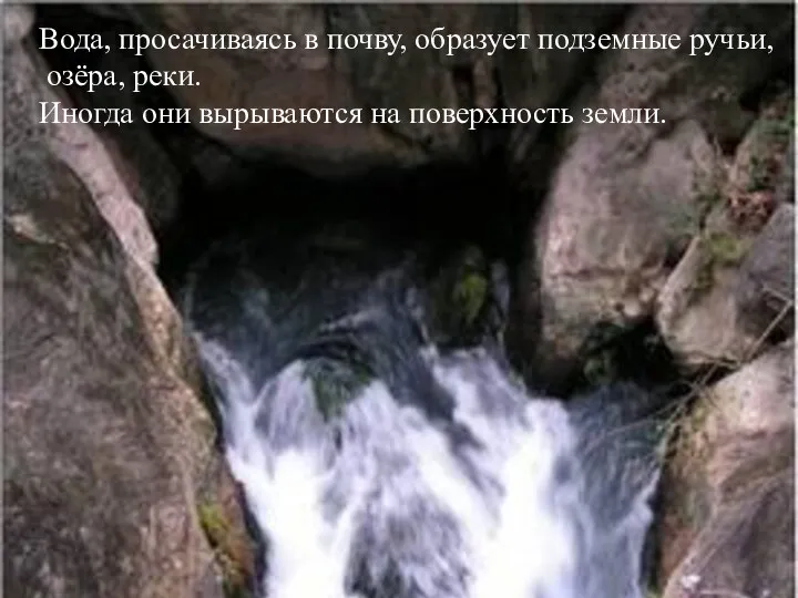 Вода, просачиваясь в почву, образует подземные ручьи, озёра, реки. Иногда они вырываются на поверхность земли.