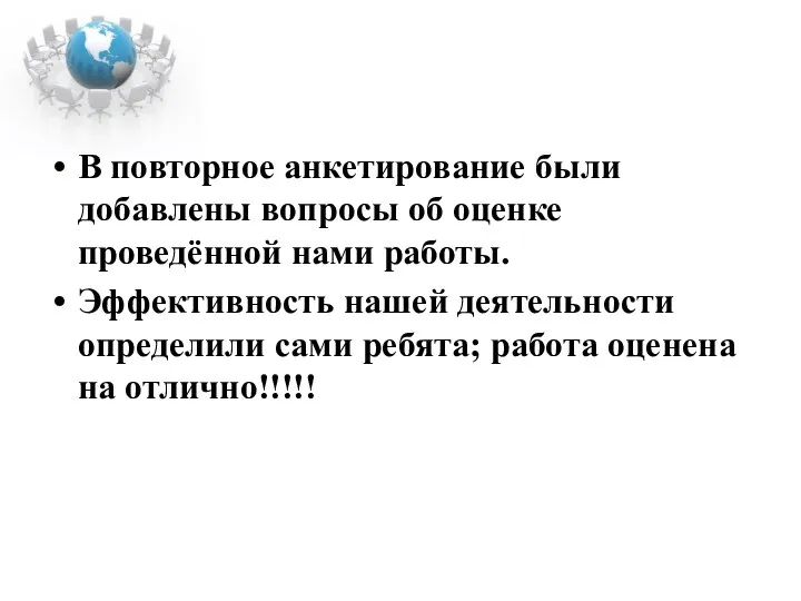 В повторное анкетирование были добавлены вопросы об оценке проведённой нами