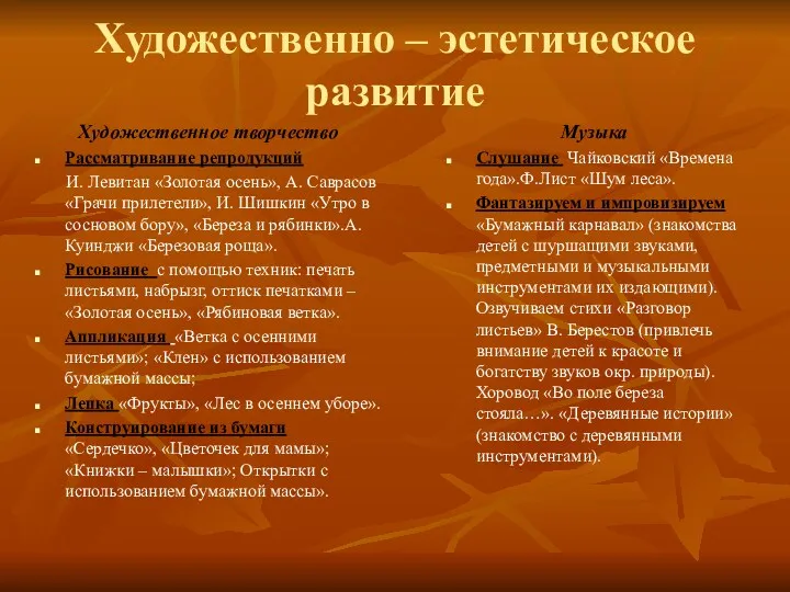 Художественно – эстетическое развитие Художественное творчество Рассматривание репродукций И. Левитан