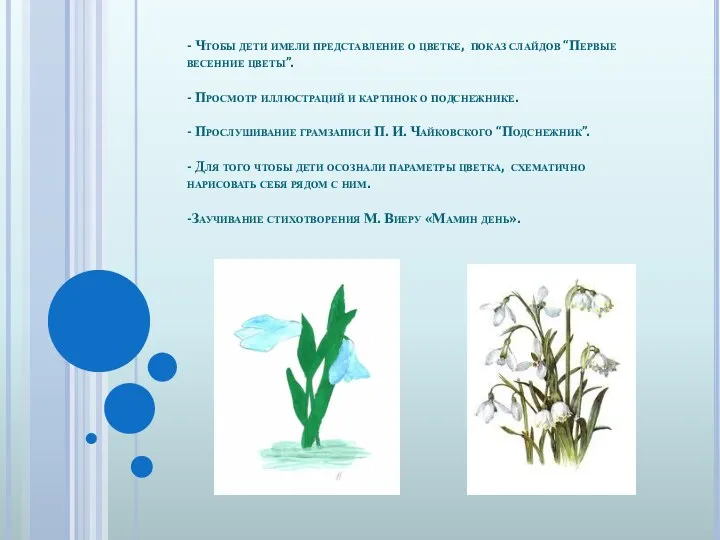 - Чтобы дети имели представление о цветке, показ слайдов “Первые весенние цветы”. -