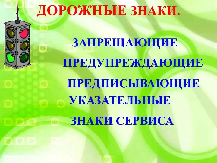 ДОРОЖНЫЕ ЗНАКИ. ПРЕДУПРЕЖДАЮЩИЕ ЗАПРЕЩАЮЩИЕ ПРЕДПИСЫВАЮЩИЕ УКАЗАТЕЛЬНЫЕ ЗНАКИ СЕРВИСА