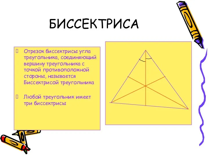 БИССЕКТРИСА Отрезок биссектрисы угла треугольника, соединяющий вершину треугольника с точкой