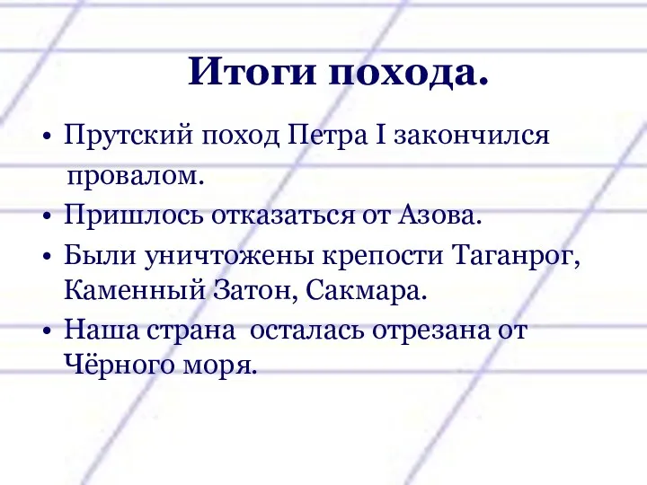 Итоги похода. Прутский поход Петра I закончился провалом. Пришлось отказаться