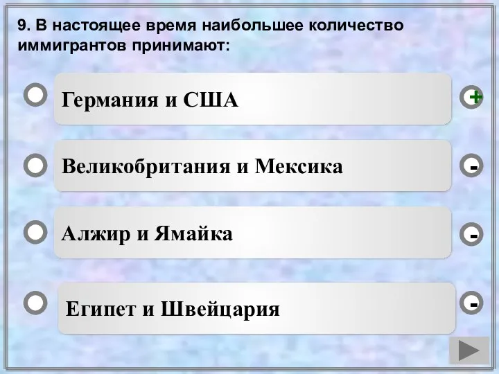 9. В настоящее время наибольшее количество иммигрантов принимают: Германия и