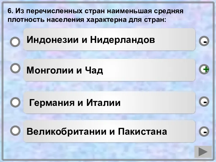 6. Из перечисленных стран наименьшая средняя плотность населения характерна для