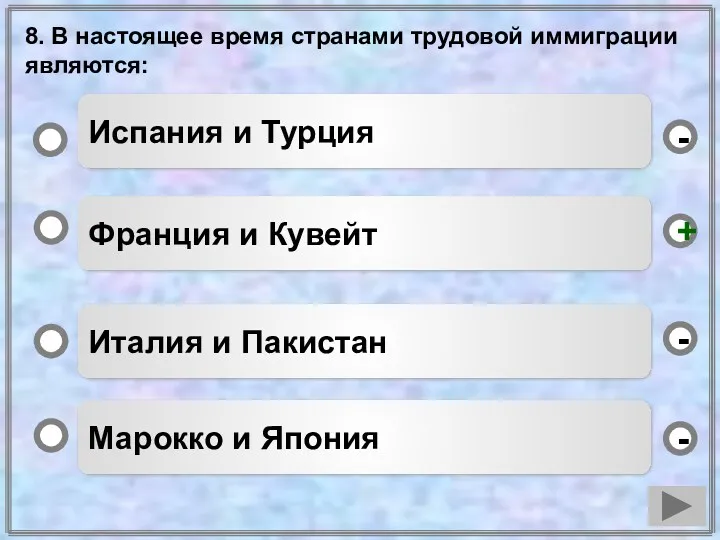 8. В настоящее время странами трудовой иммиграции являются: Франция и