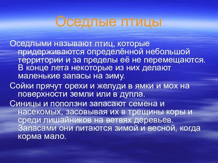 Оседлые птицы Оседлыми называют птиц, которые придерживаются определённой небольшой территории