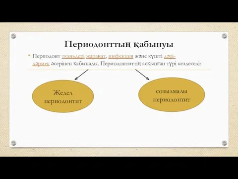 Периодонттың қабынуы Периодонт тканьдері жарақат, инфекция және күшті дәрі-дәрмек әсерінен қабынады. Периодонтиттің асқынған