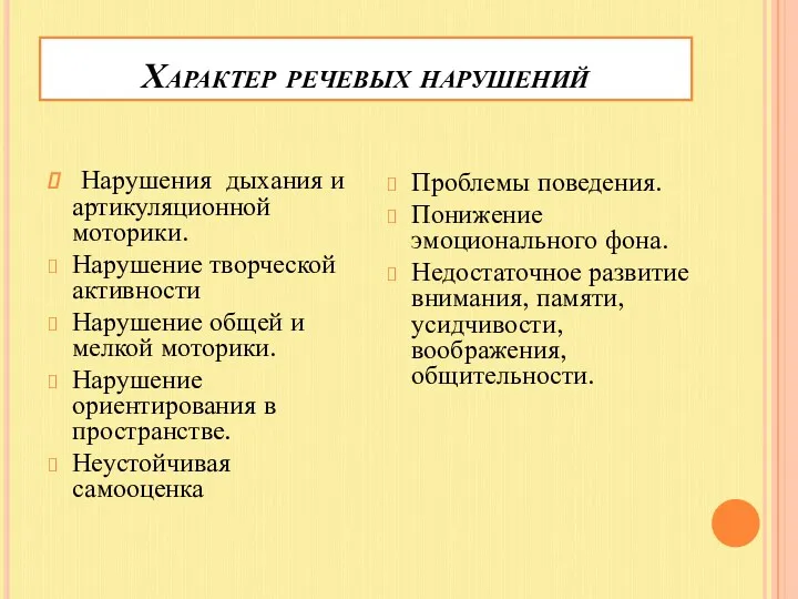 Характер речевых нарушений Нарушения дыхания и артикуляционной моторики. Нарушение творческой активности Нарушение общей