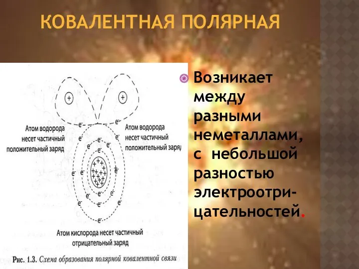 КОВАЛЕНТНАЯ ПОЛЯРНАЯ Возникает между разными неметаллами, с небольшой разностью электроотри-цательностей.