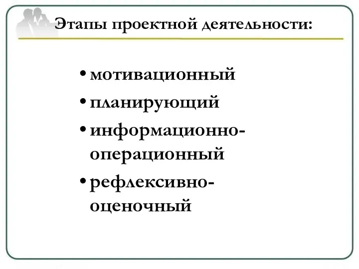 Этапы проектной деятельности: мотивационный планирующий информационно-операционный рефлексивно-оценочный