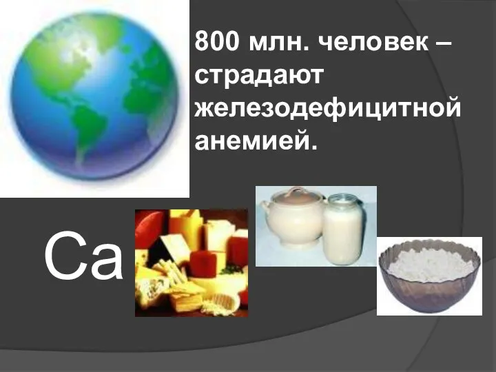 800 млн. человек – страдают железодефицитной анемией. Ca