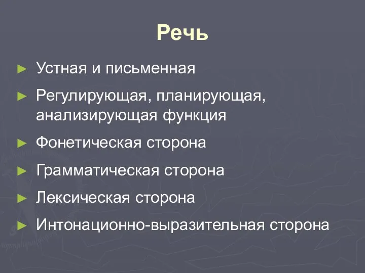 Речь Устная и письменная Регулирующая, планирующая, анализирующая функция Фонетическая сторона Грамматическая сторона Лексическая сторона Интонационно-выразительная сторона