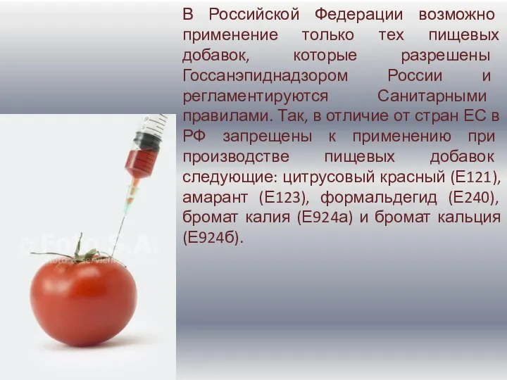 В Российской Федерации возможно применение только тех пищевых добавок, которые разрешены Госсанэпиднадзором России