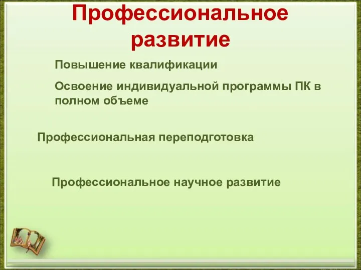 Профессиональное развитие Повышение квалификации Освоение индивидуальной программы ПК в полном объеме Профессиональная переподготовка Профессиональное научное развитие