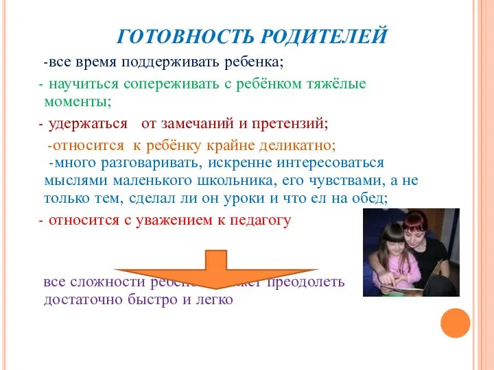 ГОТОВНОСТЬ РОДИТЕЛЕЙ -все время поддерживать ребенка; - научиться сопереживать с ребёнком тяжёлые моменты;