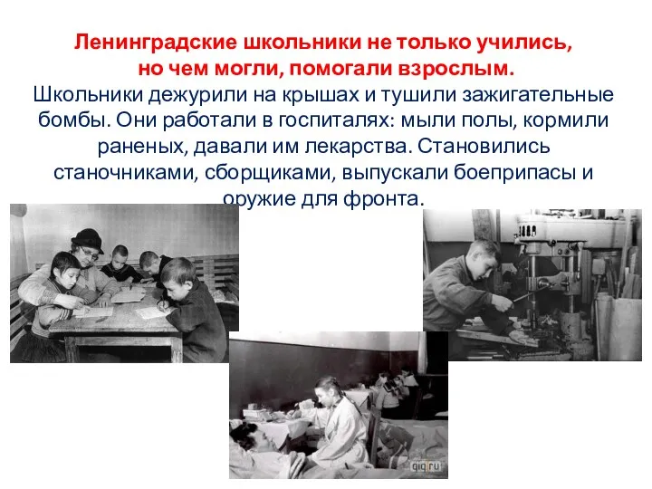 Ленинградские школьники не только учились, но чем могли, помогали взрослым.