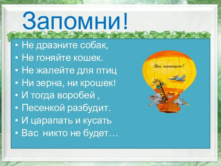 Запомни! Не дразните собак, Не гоняйте кошек. Не жалейте для