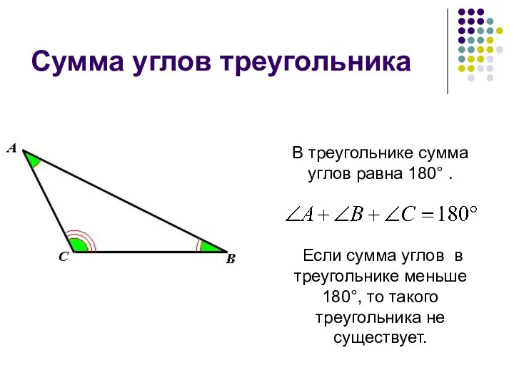 Сумма углов треугольника В треугольнике сумма углов равна 180° . Если сумма углов