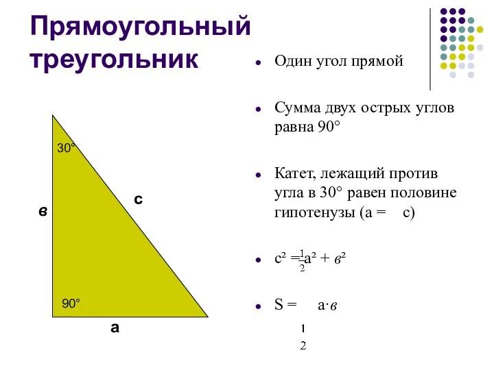 Прямоугольный треугольник Один угол прямой Сумма двух острых углов равна 90° Катет, лежащий