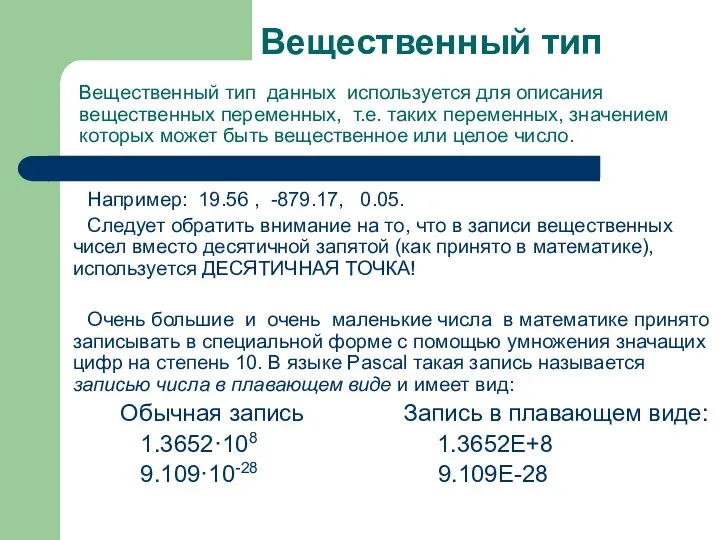 Вещественный тип Например: 19.56 , -879.17, 0.05. Следует обратить внимание