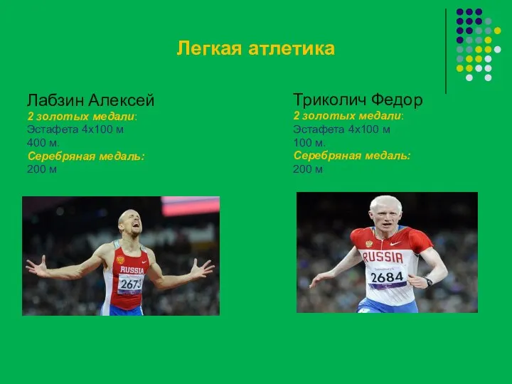 Легкая атлетика Лабзин Алексей 2 золотых медали: Эстафета 4х100 м 400 м. Серебряная