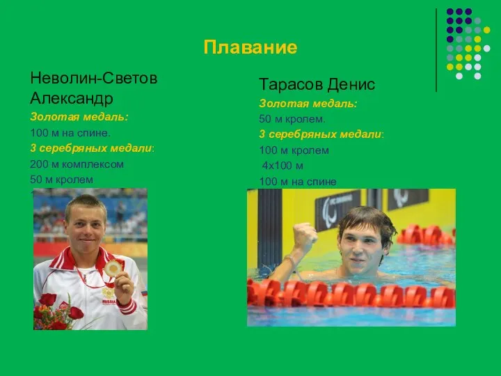 Плавание Неволин-Светов Александр Золотая медаль: 100 м на спине. 3 серебряных медали: 200
