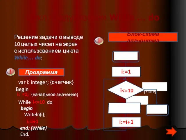 Цикл предусловием While … do Решение задачи о выводе 10