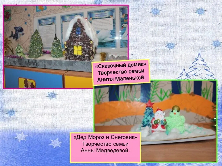 «Дед Мороз и Снеговик» Творчество семьи Анны Медведевой. «Сказочный домик» Творчество семьи Аниты Маленькой.