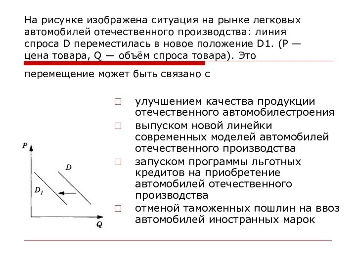 На рисунке изображена ситуация на рынке легковых автомобилей отечественного производства: