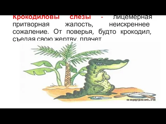 Крокодиловы слёзы - лицемерная притворная жалость, неискреннее сожаление. От поверья, будто крокодил, съедая свою жертву, плачет