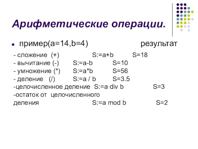 Арифметические операции. пример(а=14,b=4) результат - сложение (+) S:=a+b S=18 -