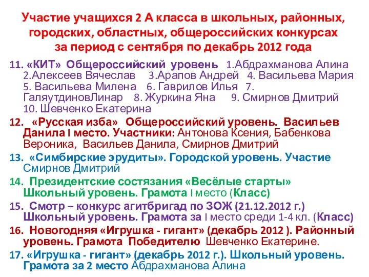 Участие учащихся 2 А класса в школьных, районных, городских, областных,