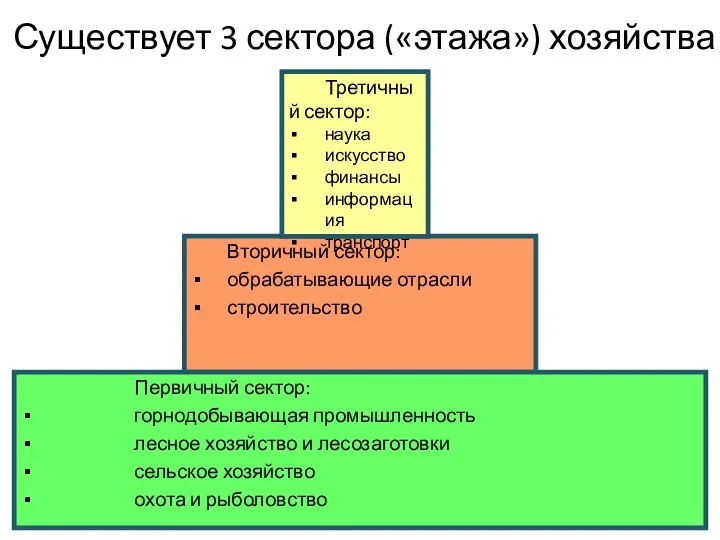 Существует 3 сектора («этажа») хозяйства Вторичный сектор: обрабатывающие отрасли строительство Первичный сектор: горнодобывающая