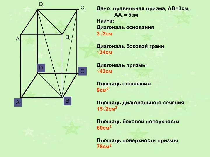 Дано: правильная призма, АВ=3см, АА1= 5см Найти: Диагональ основания 3√2см Диагональ боковой грани