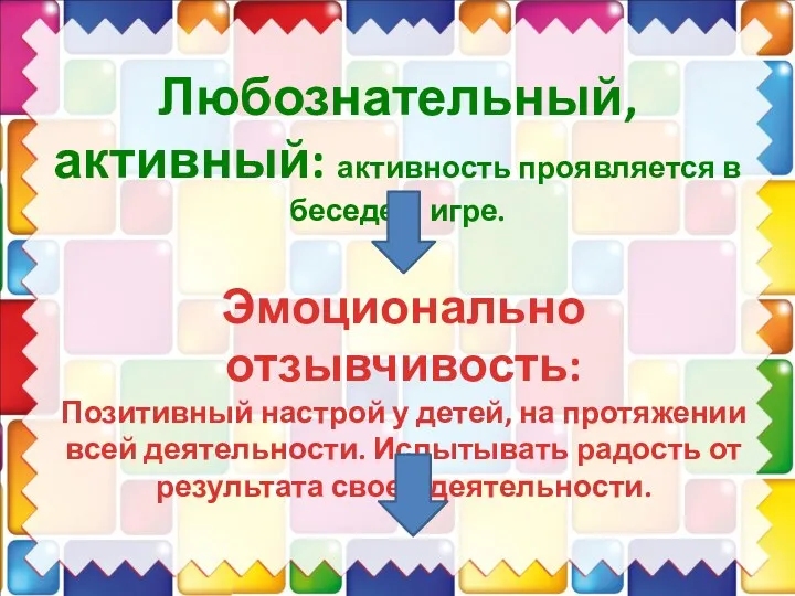 Любознательный, активный: активность проявляется в беседе и игре. Эмоционально отзывчивость: