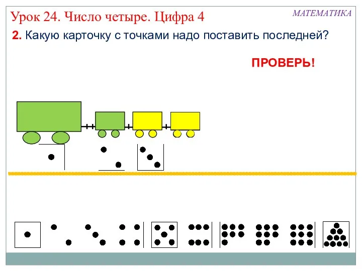 Урок 24. Число четыре. Цифра 4 2. Какую карточку с точками надо поставить последней? МАТЕМАТИКА ПРОВЕРЬ!