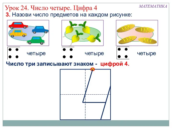 МАТЕМАТИКА 3. Назови число предметов на каждом рисунке: четыре Число