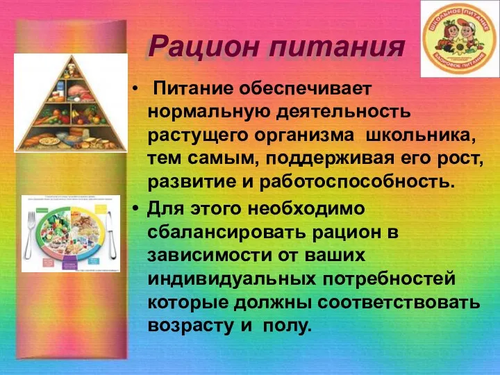 Рацион питания Питание обеспечивает нормальную деятельность растущего организма школьника, тем