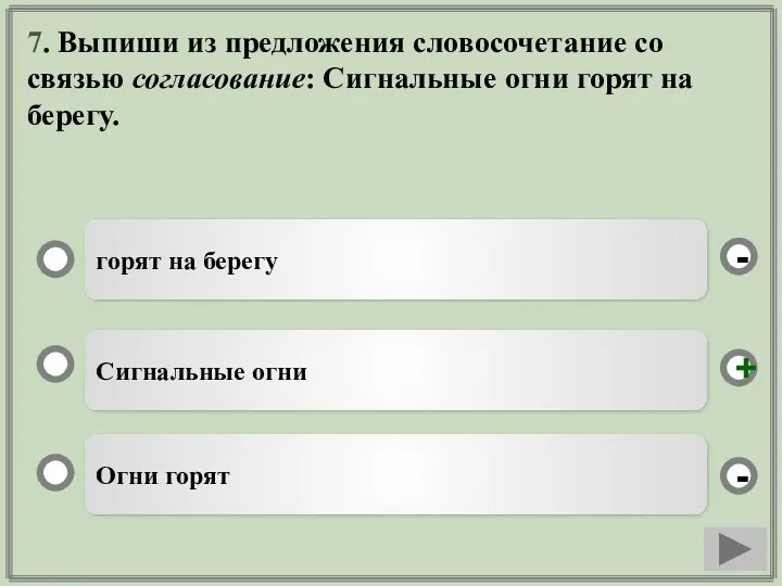 7. Выпиши из предложения словосочетание со связью согласование: Сигнальные огни