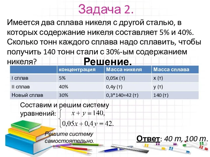 Задача 2. Имеется два сплава никеля с другой сталью, в которых содержание никеля