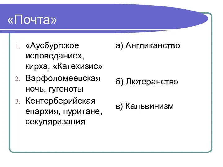 «Почта» «Аусбургское исповедание», кирха, «Катехизис» Варфоломеевская ночь, гугеноты Кентерберийская епархия, пуритане, секуляризация а)