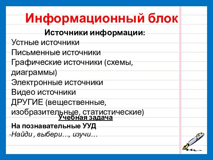 Информационный блок Источники информации: Устные источники Письменные источники Графические источники